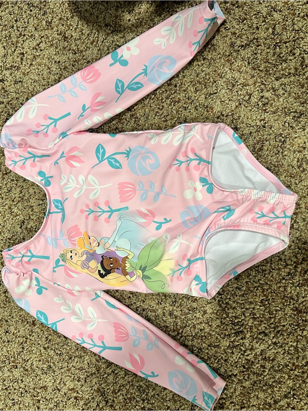 Disney Pink Long Sleeve Kids One-Piece Swimsuit with Princess Print